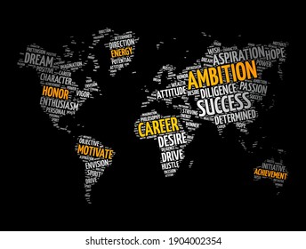 Ambition word cloud in shape of world map, concept background