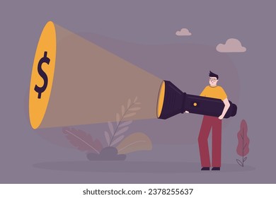 Ambitions businessman holding flashlight finding dollar money sign. Investment opportunity, money planning, discover growth saving fund or make profit from stock market. Ways for making money. vector