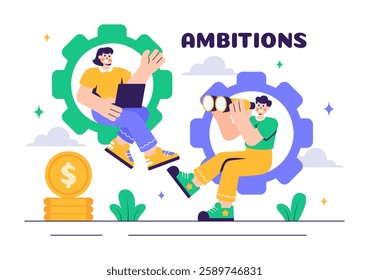 Ambitions Vector Illustration of an Entrepreneur Climbing the Ladder to Success for Career Growth and Achievements in a Flat Style Cartoon Background