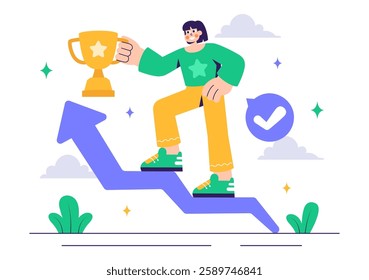 Ambitions Vector Illustration of an Entrepreneur Climbing the Ladder to Success for Career Growth and Achievements in a Flat Style Cartoon Background