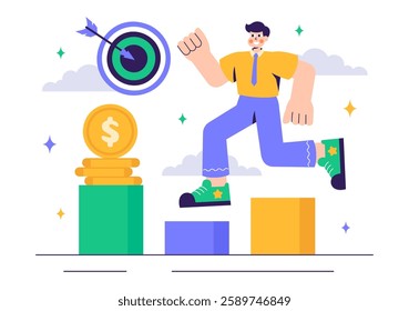 Ambitions Vector Illustration of an Entrepreneur Climbing the Ladder to Success for Career Growth and Achievements in a Flat Style Cartoon Background