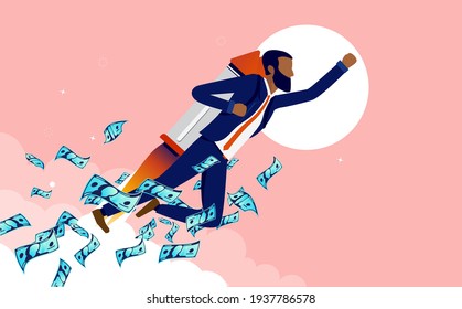 Ambicioso hombre de negocios afroamericano - hombre que vuela con jetpack al cielo con dinero de papel. Concepto de crecimiento empresarial y profesional. Ilustración vectorial.