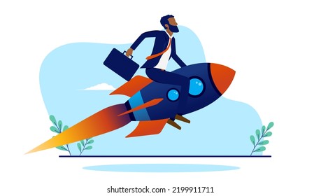 Ambitious black businessman on rocket - African man flying upwards on spaceship racing for success in career and business. Flat design vector illustration with white background