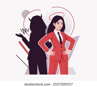 Ambitious brunette businesswoman angel, devil doubt, business success, achievement, lady in red suit, tie modern design for art magazine, blog, graphic advertisement, digital social media illustration