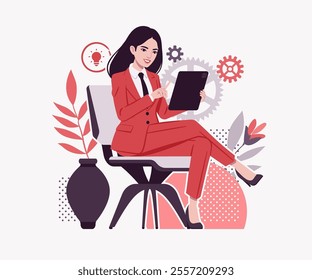 Ambitious brunette businesswoman, computer tablet user, confident business success, achievement, lady red suit, tie design art magazine, blog, graphic advertisement, digital social media illustration