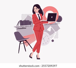 Ambitious brunette businesswoman deadline office, confident business success, achievement, lady red suit, tie design for art magazine, blog, graphic advertisement, digital social media illustration