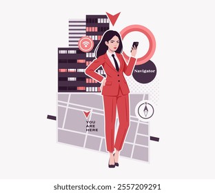 Ambitious brunette businesswoman navigator app phone user, confident business success, lady in red suit, tie design for art magazine, blog, graphic advertisement, digital social media illustration