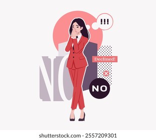 Ambitious brunette businesswoman no, decline, refuse confident business negative response, lady red suit, tie design for art magazine, blog, graphic advertisement, digital social media illustration