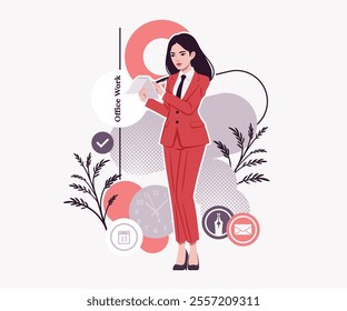 Ambitious brunette businesswoman office administrative work, confident business success, lady in red suit, tie design for art magazine, blog, graphic advertisement, digital social media illustration