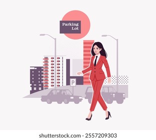 Ambitious brunette businesswoman office worker parking lot, confident business, achievement, lady red suit, tie design for art magazine, blog, graphic advertisement, digital social media illustration