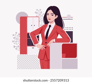 Ambitious brunette businesswoman office worker, confident business success, achievement, lady red suit, tie design for art magazine, blog, graphic advertisement, digital social media illustration