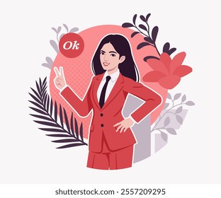 Ambitious brunette businesswoman ok office worker, confident business success, achievement, lady red suit, tie design for art magazine, blog, graphic advertisement, digital social media illustration