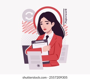 Ambitious brunette businesswoman paper work overload, confident business success, achievement, lady red suit, tie design art magazine, blog, graphic advertisement, digital social media illustration