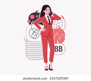 Ambitious brunette businesswoman phone call, confident business success, achievement, lady red suit, tie modern design for art magazine, blog, graphic advertisement, digital social media illustration