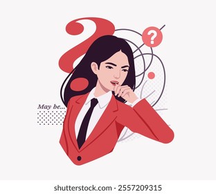 Ambitious brunette businesswoman question, confident business success, achievement, lady in red suit, tie modern design for art magazine, blog, graphic advertisement, digital social media illustration