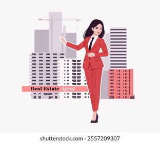 Ambitious brunette businesswoman, real estate agent, confident business success, achievement, lady in red suit, tie design art magazine, blog, graphic advertisement, digital social media illustration