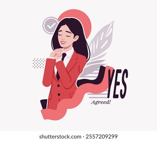 Ambitious brunette businesswoman yes, agree, accept, confident business success, achievement, lady in red suit, tie design art magazine, blog, graphic advertisement, digital social media illustration