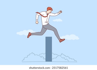 Ambitious business man overcomes obstacle on path to success by jumping over high wall. Successful businessman overcomes obstacles thanks to professional experience and motivation.