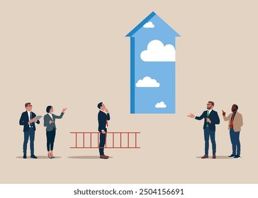 Ambitious business people climbing the ladder through the upward arrow sign hole. Move up motivation, the path to the target's achievement. Vector illustration.