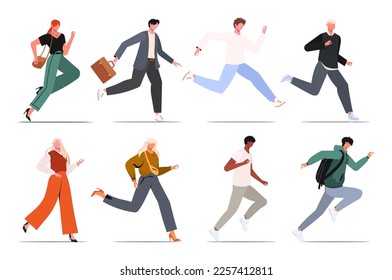Ambitious business people running, hurrying to their goals and rushing on urgent businesses. Set of man and woman rushing. Concept of aspiration to success. Flat vector illustration isolated on white 