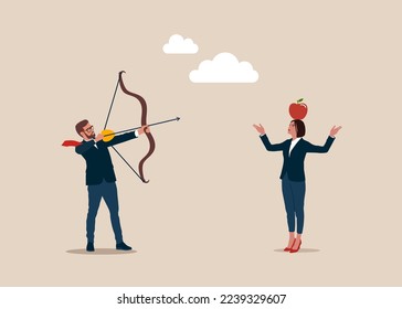 Ambitious business team aiming in target and shooting with arrow. Idea of success and motivation, determination or inspiration to improve. Modern flat vector illustration