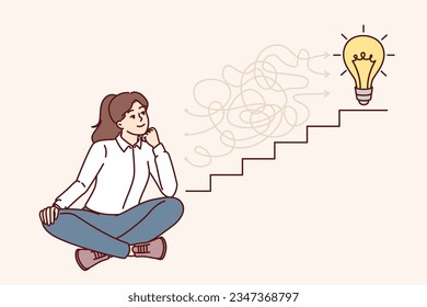 Ambitious business woman comes up with ways and ideas to solve problems sitting near stairs with light bulb. Ambitious girl dreams of climbing up career ladder and achieving success in corporation.