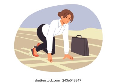 Ambitious business woman is ready for quick start, stands in pose of runner in stadium and wants to defeat all competitors. Ambitious businesslady in formal wear plans to win in fair competition