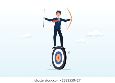Ambitious businessman archery holding arrow and bow balance on target, purpose driven, motivation to reach goal and success, mission to achieve target or business strategy to drive success (Vector)