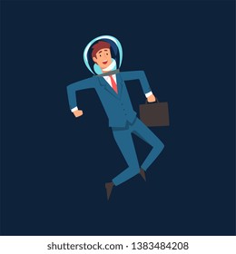 Ambitious Businessman in Blue Suit and Astronaut Helmet Flying in Outer Space with Briefcase, Business Development Strategy, Leadership Vector Illustration