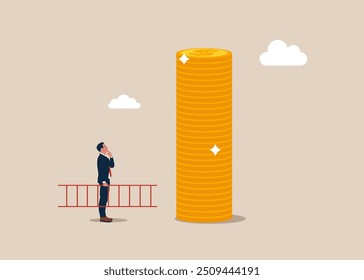 Ambitious businessman to climb stack of dollar coins and reaching for towards achieve success. Solution to achieve target. Flat vector illustration