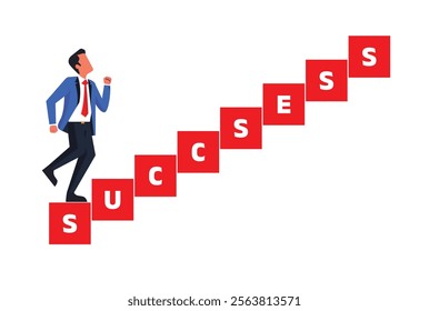 Ambitious businessman climbing red blocks labeled "Success," representing determination and progression. Ideal for illustrating career growth, ambition, and goal setting