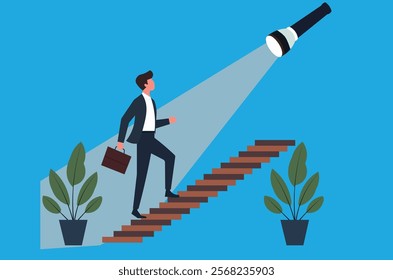 Ambitious businessman climbing a staircase illuminated by a flashlight, symbolizing career growth, opportunity, and success. Ideal for recruitment, HR, talent acquisition, and leadership concepts.