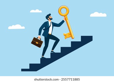 Ambitious businessman climbs the career ladder, holding a large golden key to the concept of success, opportunity, achievement, and unlocking potential.
