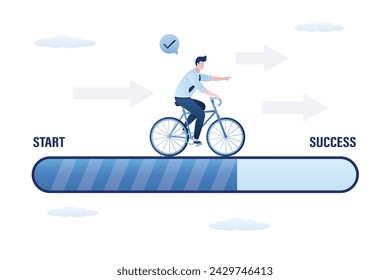 Un ambicioso hombre de negocios viajando en bicicleta desde el principio hasta el éxito. Desarrollo empresarial, desafíe su progreso y gane la carrera o la competencia. Lograr el objetivo. ilustración vectorial plana