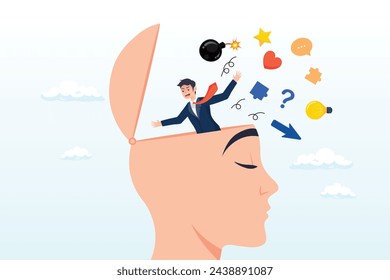 Ambitious businessman declutter, clean and clear all messy anxiety from his big head , declutter your mind, clear your brain to regain focus improve creative thinking ability, free up memory (Vector)