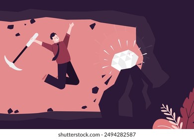 Ambitious businessman dug up brilliant or diamond in cave and is enjoying success and profit. Business motivational banner. Persistent work will gain result. High earnings. flat vector illustration