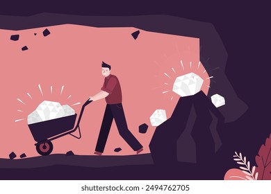 Ambitious businessman dug up many brilliants in cave, success and profit concept. Business motivational banner. Persistent work will gain result. High earnings, making money. flat vector illustration