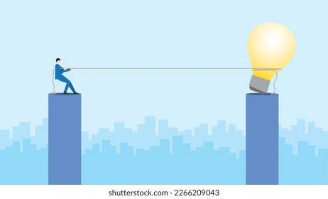 Ambitious businessman effort to pull a rope with a big light bulb. Office people work on a new project. Business idea, innovation, creation, inspiration, work hard, start-up, and creativity concept.