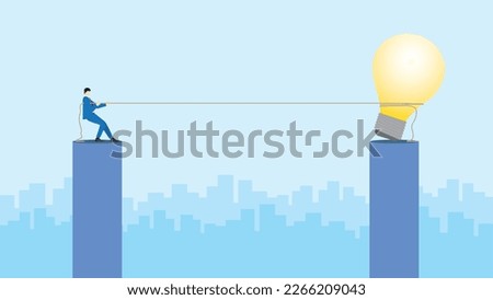 Ambitious businessman effort to pull a rope with a big light bulb. Office people work on a new project. Business idea, innovation, creation, inspiration, work hard, start-up, and creativity concept.