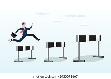 Ambitious businessman jump over hurdles to find higher obstacles, business challenge, overcome difficulty or obstacle to achieve business success, effort, skill or aspiration to solve problem (Vector)