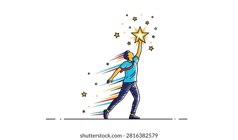 Ambitious businessman leaping and reaching up to catch a giant glowing star representing career success and goals.