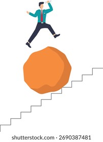 Empresario ambicioso salta sobre la roca en la escalera para lograr el éxito futuro con visión y liderazgo, superando los desafíos en la carrera dinámica

