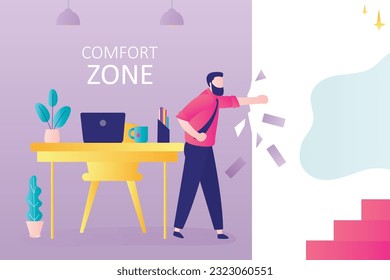 Ambitious businessman leaving comfort zone of office workplace. Motivation to move up career ladder. Confident businessman breaks the wall to change and start new life. flat vector illustration