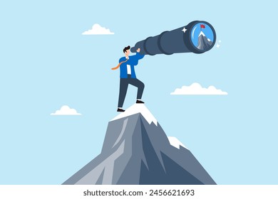 Ambitious businessman look through telescope focusing on mountain peak target, illustrating aiming high to achieve business goals. Concept of ambition, motivation, and determination to succeed