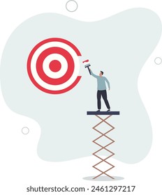 ambitious businessman on ladder using paint roller to paint big dartboard, archery target.flat vector illustration.