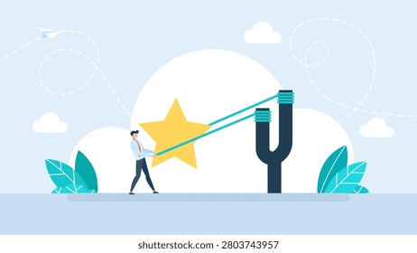 Ambitious businessman pulling a big yellow star with a giant slingshot to launch future success, representing high rating target achievement and corporate motivation. Vector illustration.