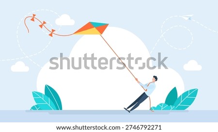 Ambitious businessman pulling a colorful kite in the sky, representing leadership, success, and goal achievement in business. Flat style character with paper plane and leaves. Vector illustration.