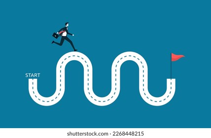 Ambitious businessman run on path to achieve success flag, progress or journey to success or achieve goal, business step or career path, mission or challenge to gain more