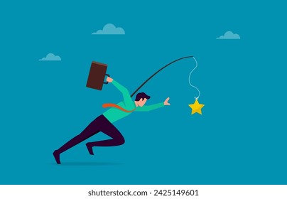 Ambitious businessman running with carrot stick trying to grab star prize award, motivation to success, incentive or reward to motivate employee, chasing for reward symbol