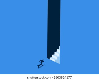 ambitious businessman runs up the stairs